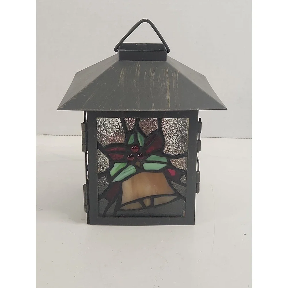 Vtg Stained Glass Christmas‎ Bell Lantern Tea Light Votive Candle Holder